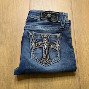 MISS ME WOMENS MID RISE ROPE CROSS POCKET BOOTCUT JEANS SIZE 27 Y2K boho Western